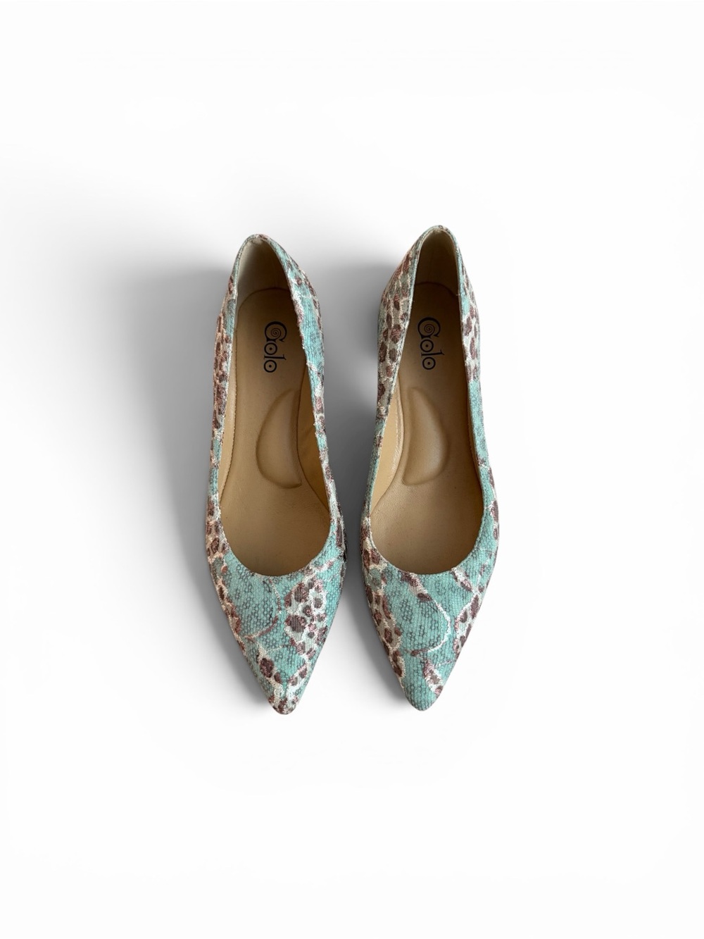 Golo Women's Pointed Snake-Print Flats in Mint and Brown